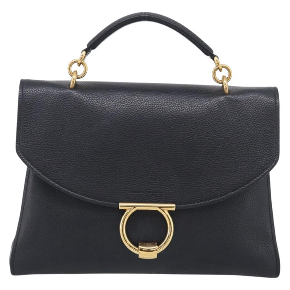 Salvatore Ferragamo Margot Hand Bag Leather 2way Black Gold Auth 212942V