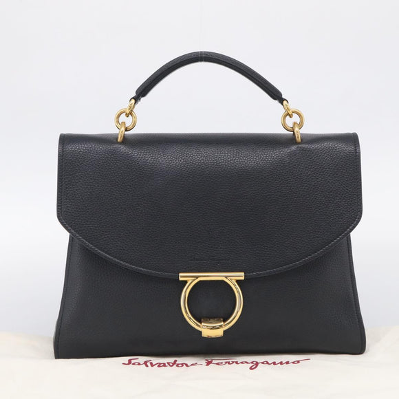Salvatore Ferragamo Margot Hand Bag Leather 2way Black Gold Auth 212942V