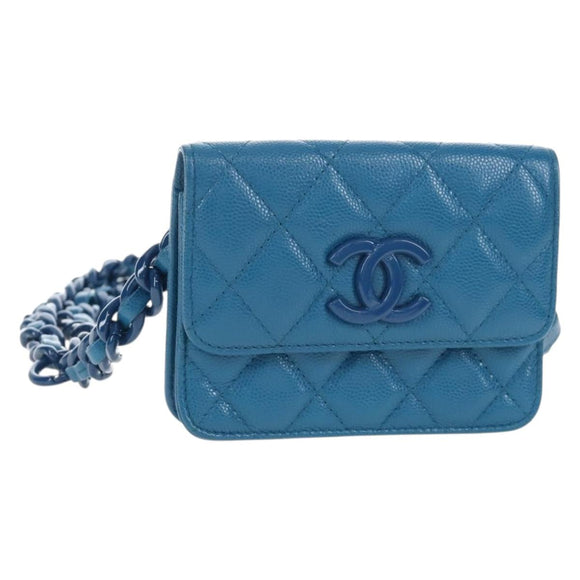 CHANEL Chain Matelasse Shoulder Bag Caviar Skin Blue Silver CC Auth 212946SM