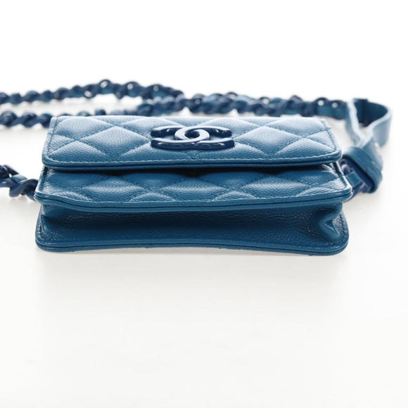 CHANEL Chain Matelasse Shoulder Bag Caviar Skin Blue Silver CC Auth 212946SM
