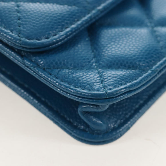 CHANEL Chain Matelasse Shoulder Bag Caviar Skin Blue Silver CC Auth 212946SM