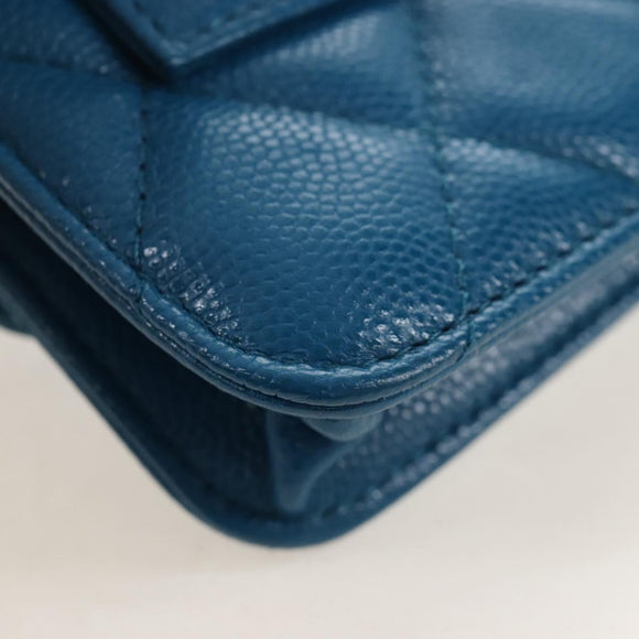 CHANEL Chain Matelasse Shoulder Bag Caviar Skin Blue Silver CC Auth 212946SM