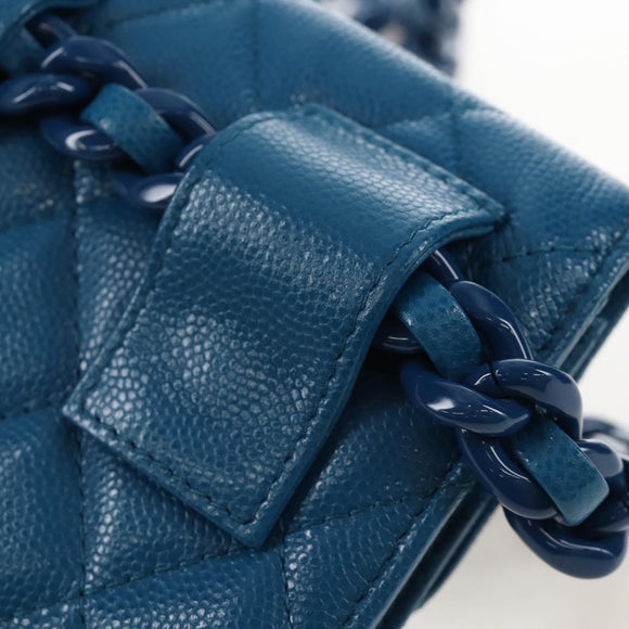 CHANEL Chain Matelasse Shoulder Bag Caviar Skin Blue Silver CC Auth 212946SM