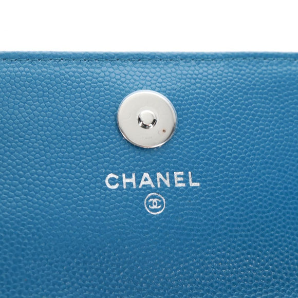 CHANEL Chain Matelasse Shoulder Bag Caviar Skin Blue Silver CC Auth 212946SM