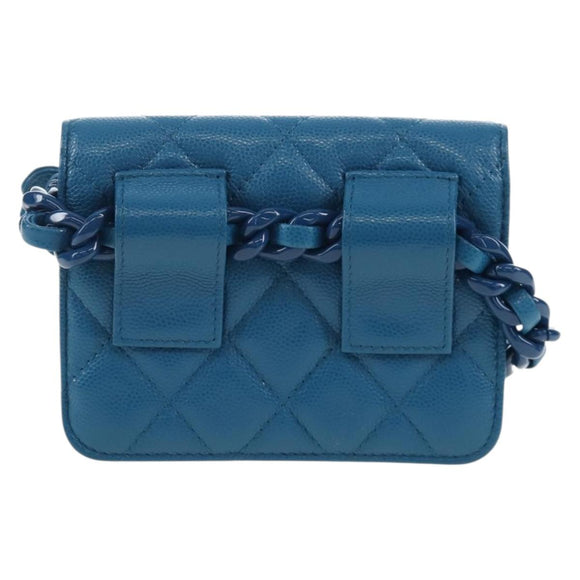 CHANEL Chain Matelasse Shoulder Bag Caviar Skin Blue Silver CC Auth 212946SM