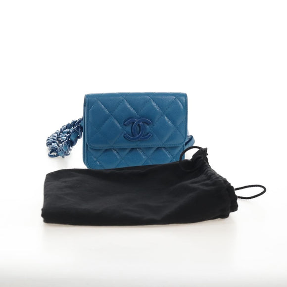 CHANEL Chain Matelasse Shoulder Bag Caviar Skin Blue Silver CC Auth 212946SM