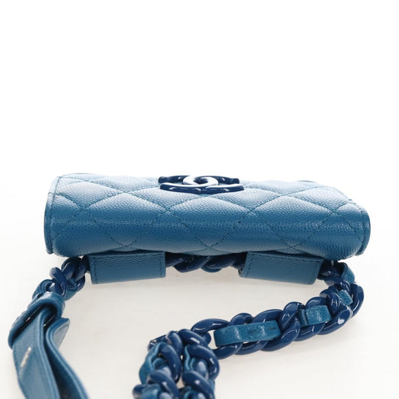 CHANEL Chain Matelasse Shoulder Bag Caviar Skin Blue Silver CC Auth 212946SM