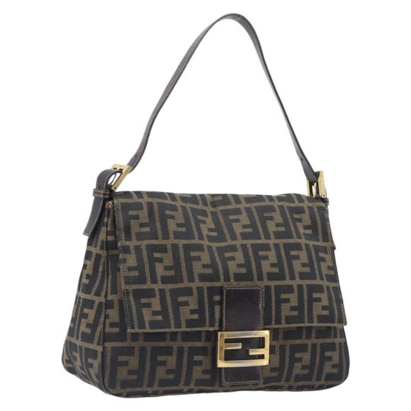 FENDI Zucca Canvas Mamma Baguette Shoulder Bag Brown Black Auth 212955A