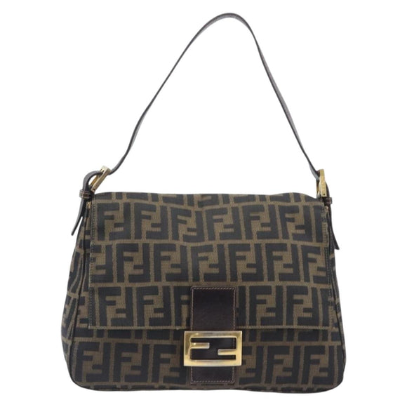 FENDI Zucca Canvas Mamma Baguette Shoulder Bag Brown Black Auth 212955A