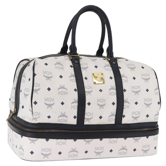 MCM Vicetos Boston Bag PVC Leather White Gold Auth 212956A