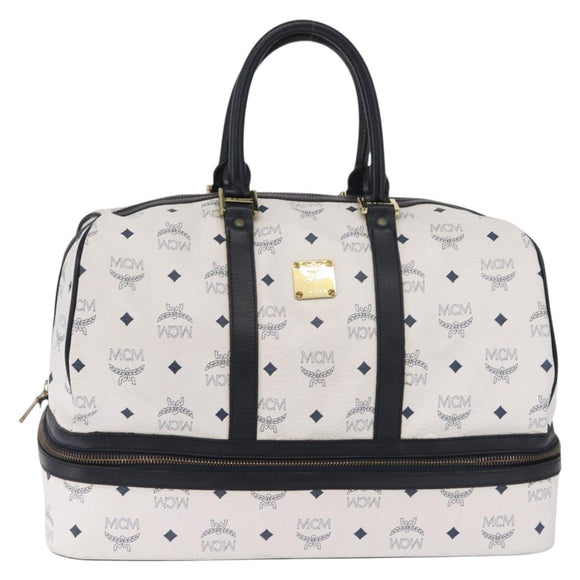 MCM Vicetos Boston Bag PVC Leather White Gold Auth 212956A
