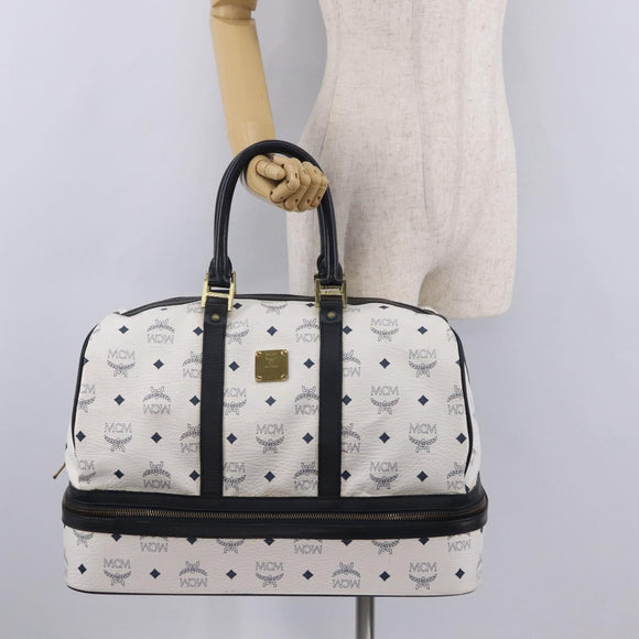 MCM Vicetos Boston Bag PVC Leather White Gold Auth 212956A