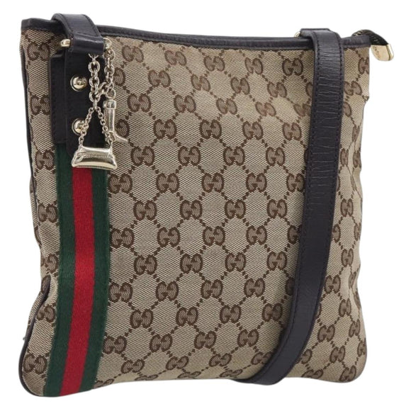 GUCCI GG Canvas Web Sherry Line Shoulder Bag Beige Gold 144388 Auth 213011A