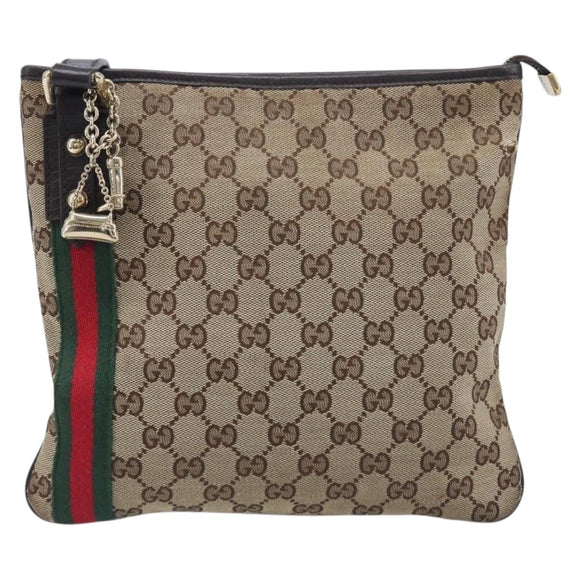 GUCCI GG Canvas Web Sherry Line Shoulder Bag Beige Gold 144388 Auth 213011A