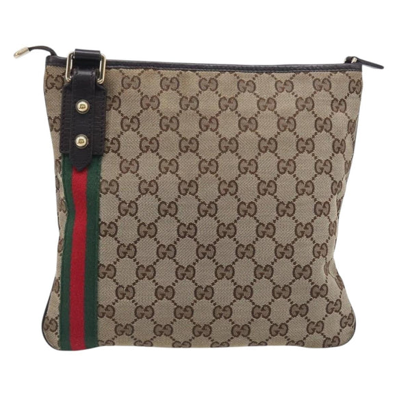 GUCCI GG Canvas Web Sherry Line Shoulder Bag Beige Gold 144388 Auth 213011A