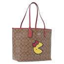 Coach Signature Tote Bag PVC Pac-Man Beige Silver Auth 213028M-1