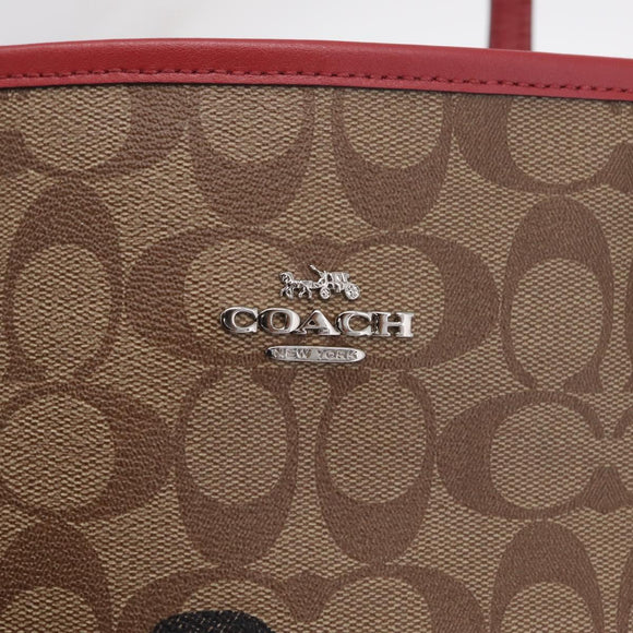 Coach Signature Tote Bag PVC Pac-Man Beige Silver Auth 213028M