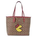 Coach Signature Tote Bag PVC Pac-Man Beige Silver Auth 213028M-2