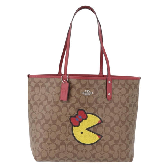 Coach Signature Tote Bag PVC Pac-Man Beige Silver Auth 213028M