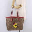 Coach Signature Tote Bag PVC Pac-Man Beige Silver Auth 213028M-21