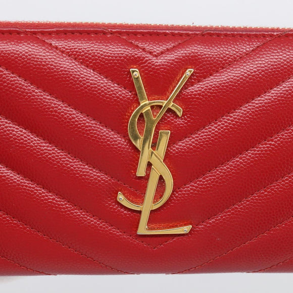 Saint Laurent Long Wallet Leather Red Gold Auth 213041