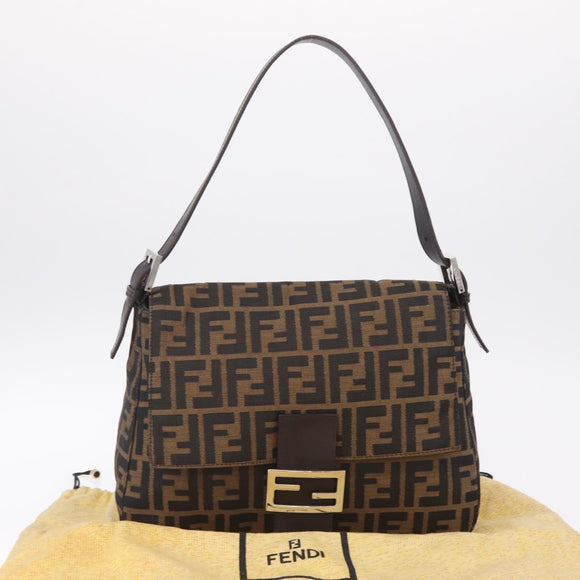 FENDI Zucca Canvas Mamma Baguette Shoulder Bag Brown Black Auth 213053M