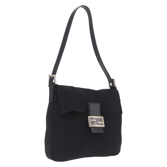 FENDI Mamma Baguette Shoulder Bag Cotton jersey Black Silver Auth 213058