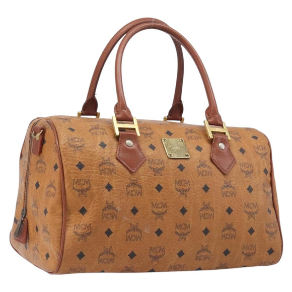 MCM Vicetos Logogram Boston Bag PVC Leather Brown Gold Auth 213062