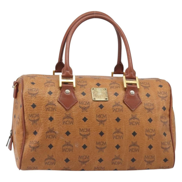 MCM Vicetos Logogram Boston Bag PVC Leather Brown Gold Auth 213062