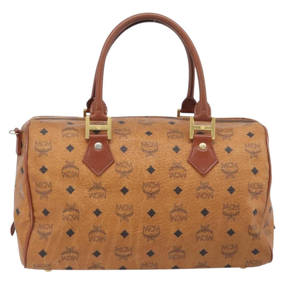 MCM Vicetos Logogram Boston Bag PVC Leather Brown Gold Auth 213062