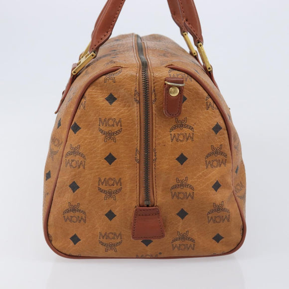 MCM Vicetos Logogram Boston Bag PVC Leather Brown Gold Auth 213062
