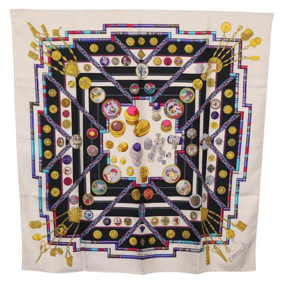 HERMES Carre 90 Scarf ""Petite main"" Silk White Blue Auth 213081