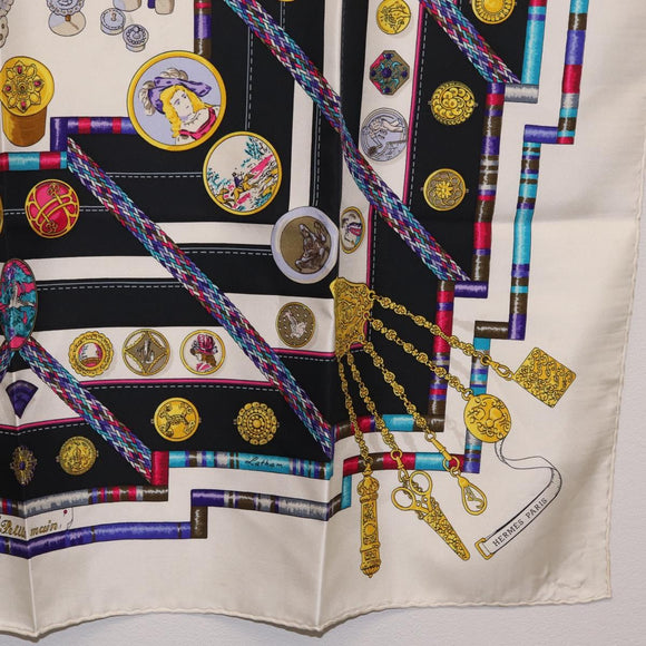 HERMES Carre 90 Scarf ""Petite main"" Silk White Blue Auth 213081