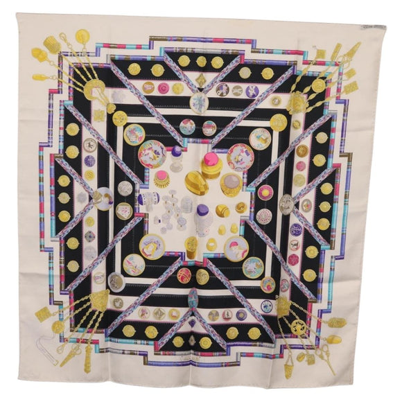 HERMES Carre 90 Scarf ""Petite main"" Silk White Blue Auth 213081