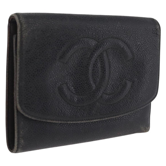 CHANEL Bifold Wallet Caviar Skin Black Gold CC Auth 213086