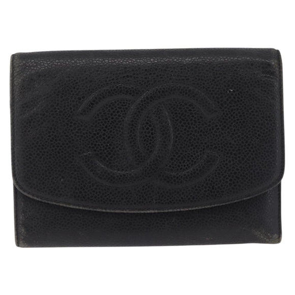 CHANEL Bifold Wallet Caviar Skin Black Gold CC Auth 213086