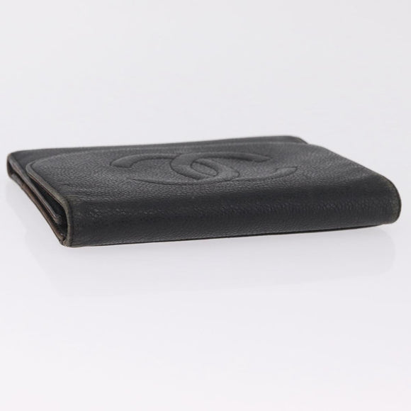 CHANEL Bifold Wallet Caviar Skin Black Gold CC Auth 213086