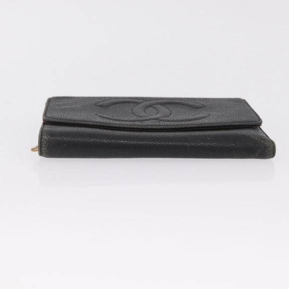 CHANEL Bifold Wallet Caviar Skin Black Gold CC Auth 213086