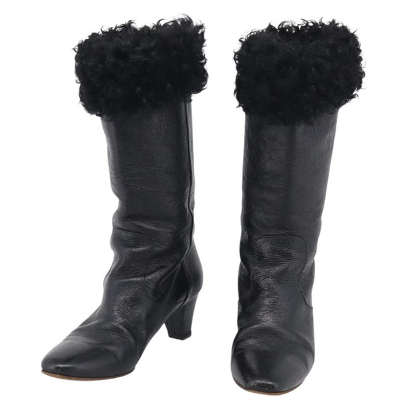CHANEL Long Boots Leather 38 Black CC Auth 213130