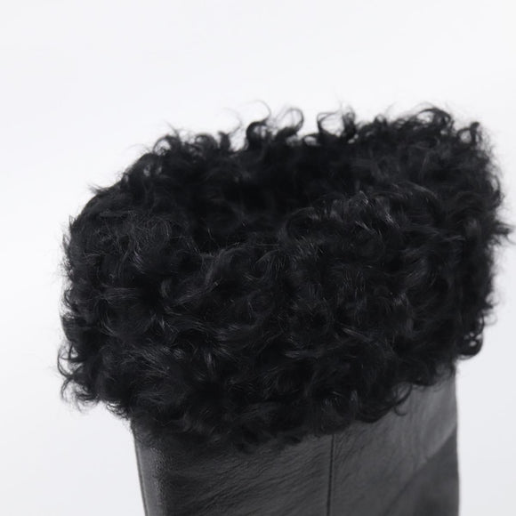 CHANEL Long Boots Leather 38 Black CC Auth 213130