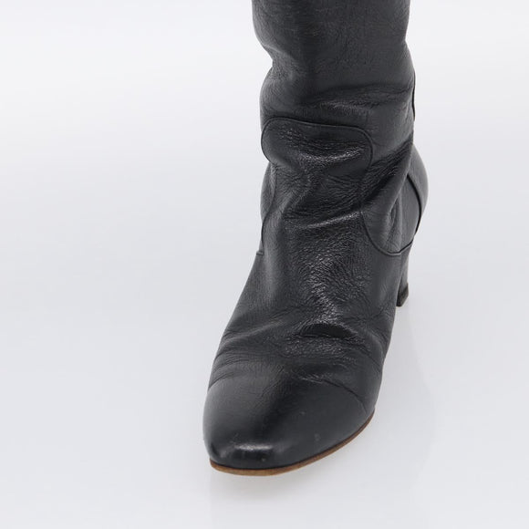 CHANEL Long Boots Leather 38 Black CC Auth 213130