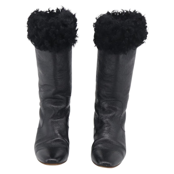CHANEL Long Boots Leather 38 Black CC Auth 213130