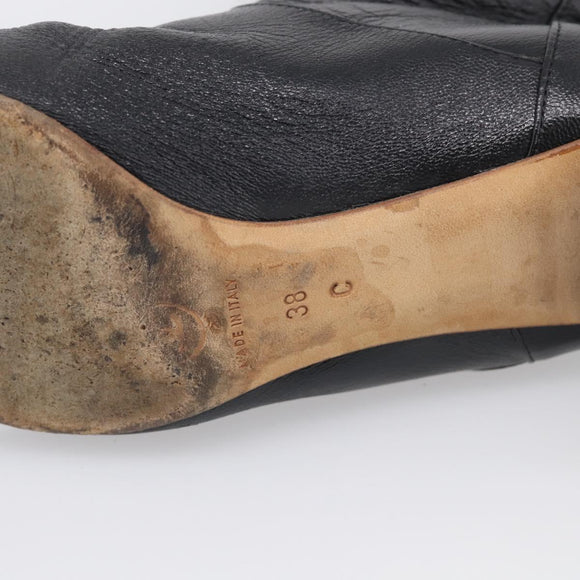 CHANEL Long Boots Leather 38 Black CC Auth 213130