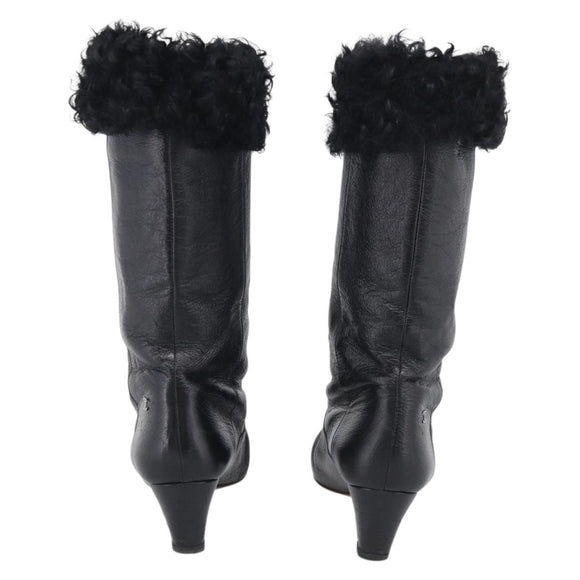 CHANEL Long Boots Leather 38 Black CC Auth 213130