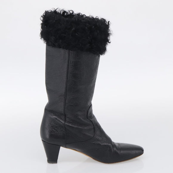 CHANEL Long Boots Leather 38 Black CC Auth 213130