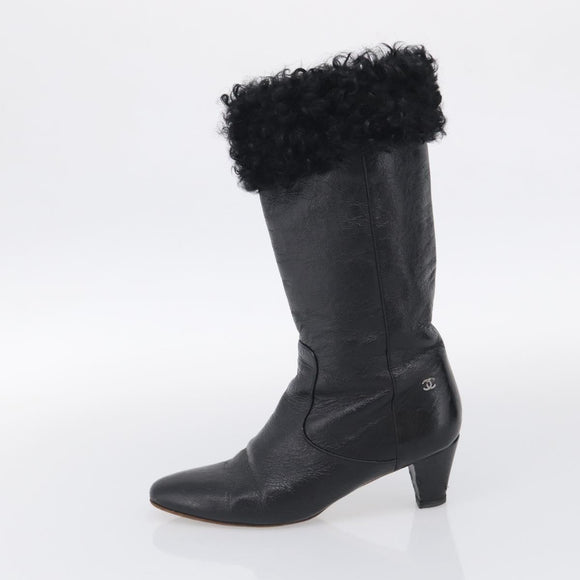 CHANEL Long Boots Leather 38 Black CC Auth 213130
