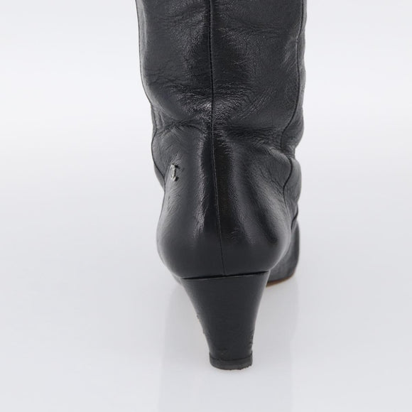 CHANEL Long Boots Leather 38 Black CC Auth 213130