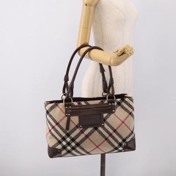 BURBERRY Nova Check Hand Bag Wool Beige Gold Auth 213140A