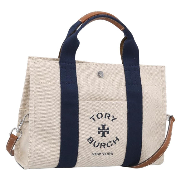 Tory Burch Hand Bag Canvas 2way Beige Silver Auth 213142A