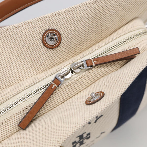 Tory Burch Hand Bag Canvas 2way Beige Silver Auth 213142A